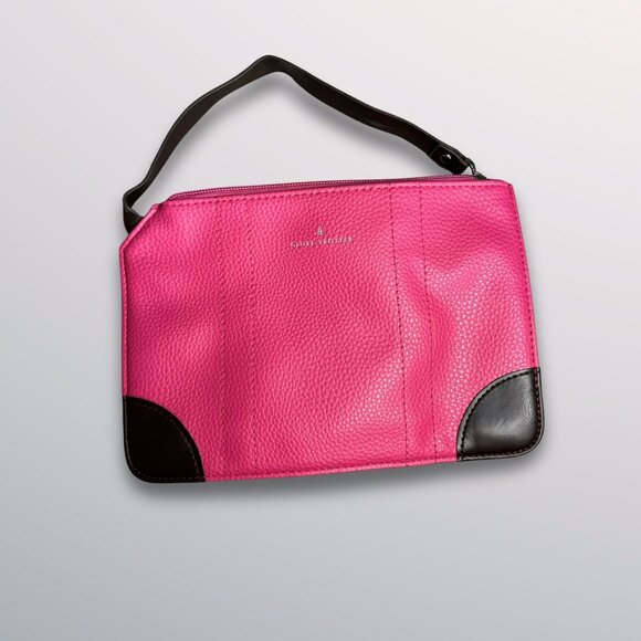 Globe-Trotter Pink Leather Small Amenity Bag With Black Handle & Corners Blue Pa - Picture 3 of 6
